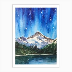 Watercolor Painting Of Snow Capped Mountains Towering In The Background Tranquil Lake In The Foregr Art Print