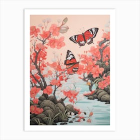 Pink Blush Flowers & Butterflies Japanese Style Painting Art Print