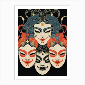 Noh Masks Japanese Style Illustration 19 Art Print