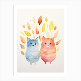 Watercolor Cats In Autumn Leaves Art Print