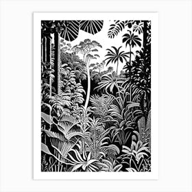 Nong Nooch Tropical Botanical Garden, Thailand Linocut Black And White Vintage Art Print