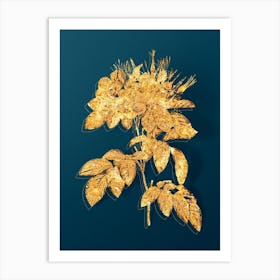 Vintage Pasture Rose Botanical in Gold on Teal Blue n.0207 Art Print