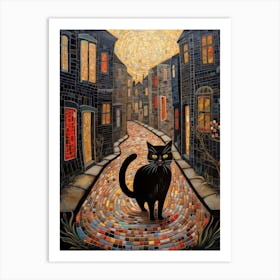 Swirly Mosaic Black Cat In Street Art Print