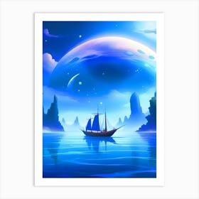 Boat In A Glowing Ocean Art Print