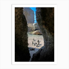 Penguins In A Bay, Beach, Sea, Oil Painting Art Print