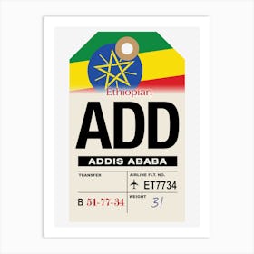 Addis Ababa (ADD) Ethiopia Vintage Airline Luggage Tag Art Print