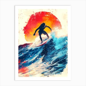 Surfing Waves - Surfer At Sunset Art Print