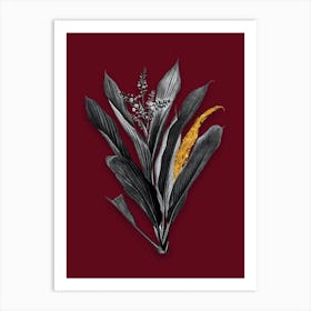 Vintage Cordyline Fruticosa Black and White Gold Leaf Floral Art on Burgundy Red Art Print