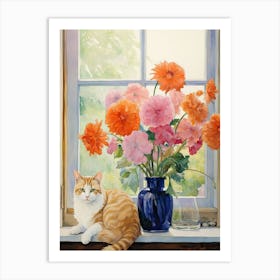 Cat With Anemone Flowers Watercolor Mothers Day Valentines 3 Art Print