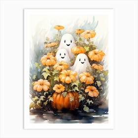 Cute Bedsheet Ghost, Botanical Halloween Watercolour 57 Art Print