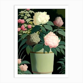 Container Of Peonies In Garden Vintage Sketch Art Print