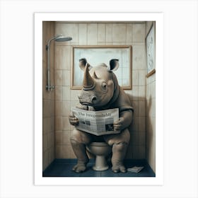 Rhinoceros On The Toilet Bathroom, Rhinoceros Lover Gift Funny Bathroom Art Print