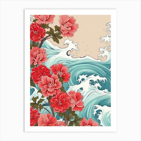 Great Wave With Geranium Flower Drawing In The Style Of Ukiyo E 3 Art Print