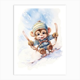 Monkey Painting Snow Boarding Watercolour 4 Art Print