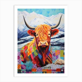 Patchwork Highland Cow With The Snowy Mountains Art Print
