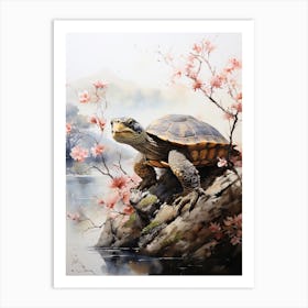 Turtle, Japanese Brush Painting, Ukiyo E, Minimal 3 Art Print