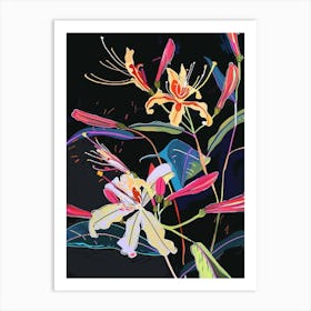 Neon Flowers On Black Honeysuckle 4 Art Print