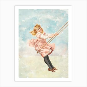 Little Girl On A Swing. Vintage Nursery Illustration, Kids Room Art Print