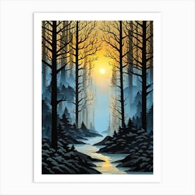 Sunset In The Forest 12, Forest, sunset,   Forest bathed in the warm glow of the setting sun, forest sunset illustration, forest at sunset, sunset forest vector art, sunset, forest painting,dark forest, landscape painting, nature vector art, Forest Sunset art, trees, pines, spruces, and firs, black, blue and yellow Art Print
