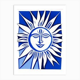 Sun Symbol Blue And White Line Drawing Art Print