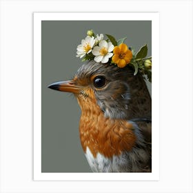 Bird With A Flower Crown European Robin Art Print 2 Art Print