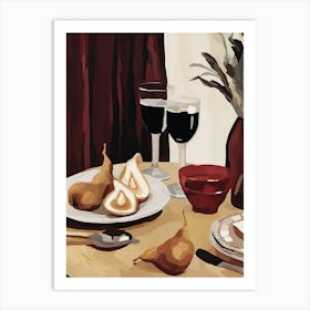 Atutumn Dinner Table With Cheese, Wine And Pears, Illustration 8 Art Print