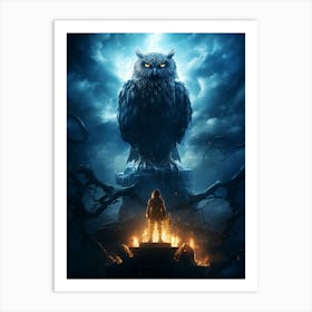 An Owl Sitting On A Rock Next To A Man Art Print