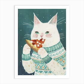 Cute White Cat Eating Pizza Folk Illustration 4 Art Print