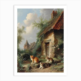 Cats In Front Of A Medieval Cottage Rococo Painting Inspired 1 Art Print