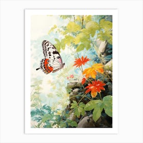 Butterfly In The Rocky Landscape Japanese Style Painting Art Print