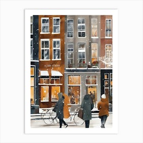 Amsterdam cafes, winter season, Christmas, autumn oil colors, pale colors, pedestrians in the street, winter clothes, falling snow.5 3 Art Print