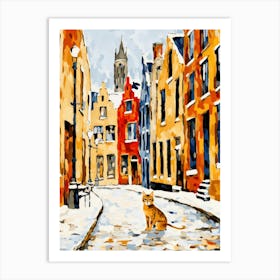 Cat In The Streets Of Bruges   Belgium With Snowd 3 Art Print