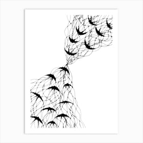 Abstract flock of fantasy birds / Hand Drawn / Black&White Art Print