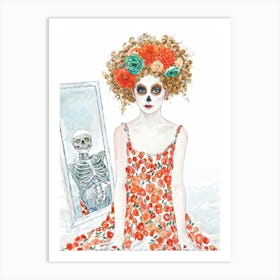 Girl With Large Eyes Adorned With A Wreath Of Orange And White Flowers In Her Curly Hair Wears A F Art Print