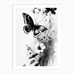 Butterfly And Flowers 1 Symbol Black And White Painting Art Print