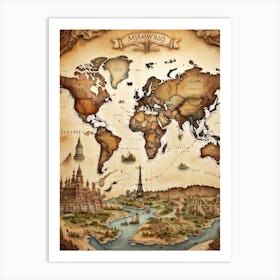 A World Map Visualizing An International Journey Pinpointing Iconic Historical Landmarks Across Var (4) Art Print