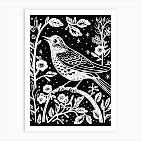 B&W Bird Linocut Hermit Thrush 2 Art Print