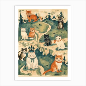 Medieval Style Map With Cats On A Hill Art Print