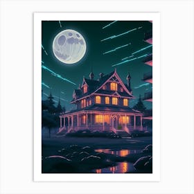 Neon Vibrant House At Night Art Print