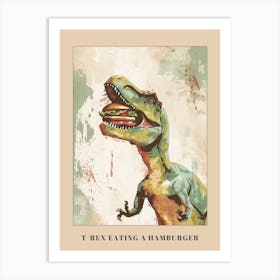 T Rex Eating A Hamburger Teal & Beige Poster Art Print