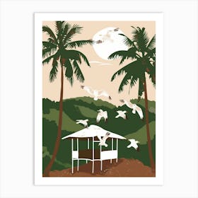 Seagulls Flying Over Palm Trees Art Print