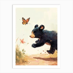 American Black Bear Cub Chasing After A Butterfly Storybook Illustration 3 Art Print