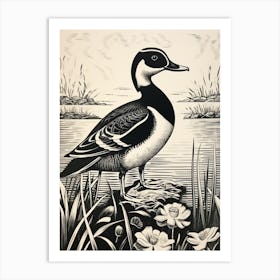 B&W Bird Linocut Wood Duck 3 Art Print