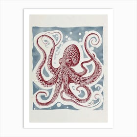 Linocut Inspired Navy Red Octopus With Coral 1 Art Print