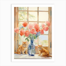 Cat With Freesia Flowers Watercolor Mothers Day Valentines 2 Art Print