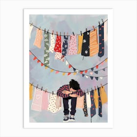 Boy Hanging Clothes On Clothesline Art Print