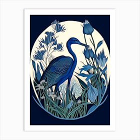 Blue Heron With Flowers Vintage Linocut 1 Art Print