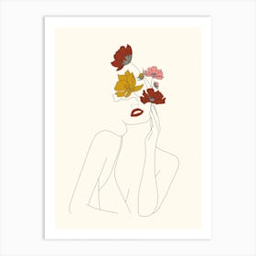 Colorful Thoughts Minimal Line Art Woman With Flowers Art Print