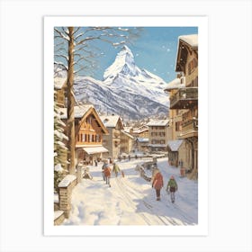 Vintage Winter Illustration Zermatt Switzerland 1 Art Print