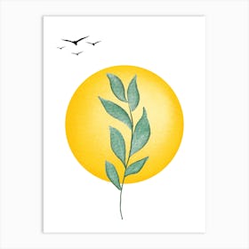 Mid Century Modern Minimalist Art Watercolor Painting Japanese Birds, Leaf and Yellow Sun Clean Lines Art Print